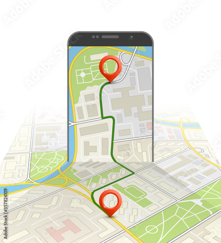 City map route navigation smartphone, phone point marker, road drawing schema, isometric city plan GPS navigation tablet, itinerary destination arrow paper city map. Route isometric check point