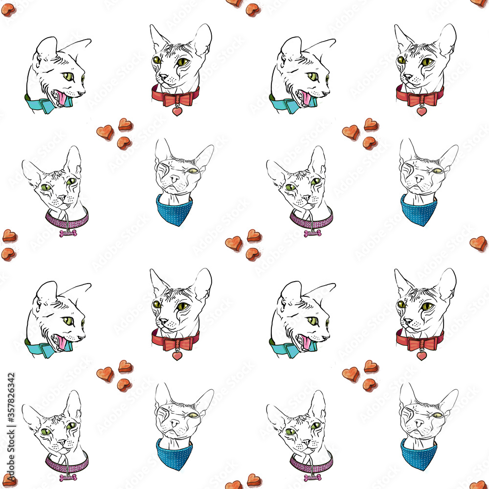 Fototapeta premium pattern drawing Sphinx cat's head in a butterfly collar on a white background isolate Wallpaper