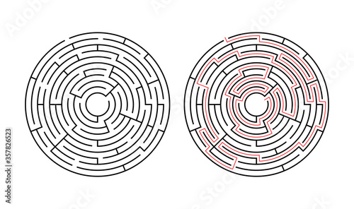 Vector circle maze isolated on white background. Education logic game labyrinth for kids. With the solution. photo