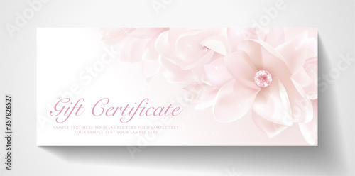 Gift certificate, Voucher with realistic pink magnolia flower bouquet. Blank background template useful for wedding design, 8 March invitation card or coupon, funeral thank you card