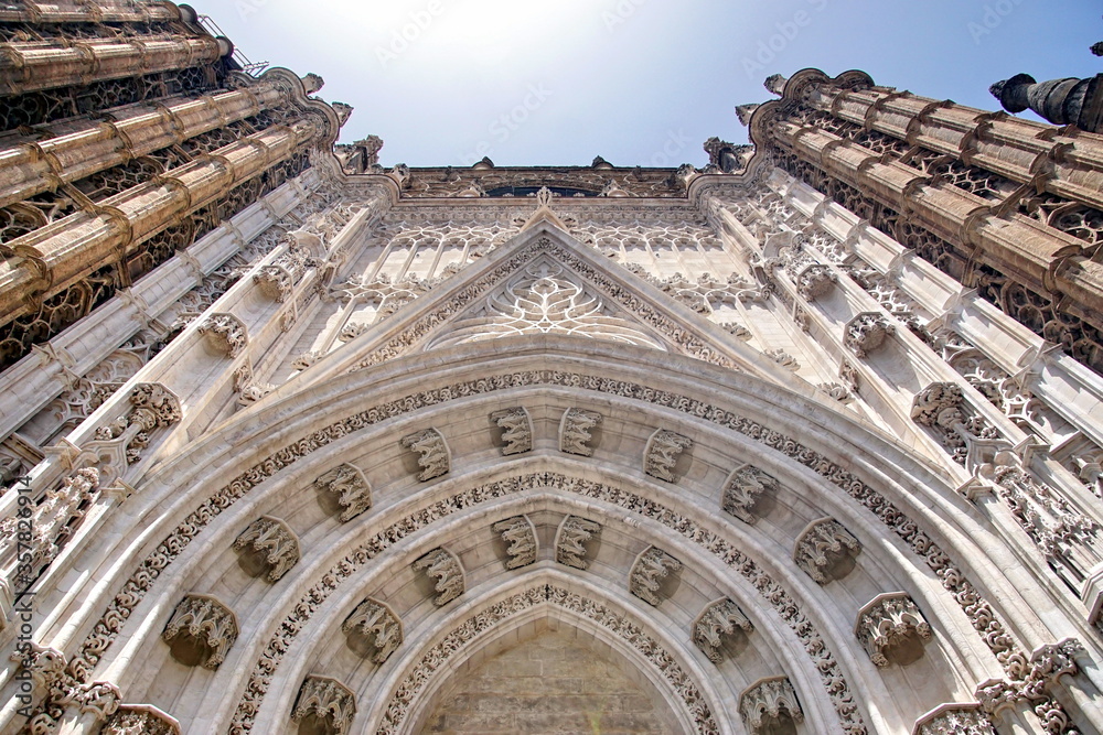 A view of the Cathedral of Saint Mary of the See or Cathedral de Santa María de la Sede in Seville, Andalucia, Spain