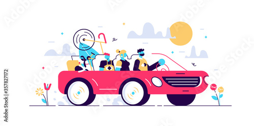 Family camping road trip concept, flat tiny 