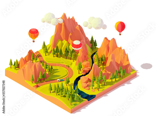 Vector isometric hot air balloon rides. Hot air balloons flying over mountains, valley and river. Colorful balloons excursion tour. Tourist flights
