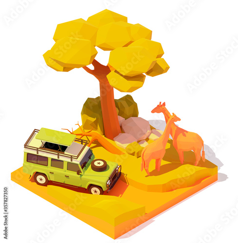 Vector isometric Africa safari adventures illustration. Off-road car with tourists in African savanna watching wild animals. Baobab tree and couple of wild giraffes near safari vehicle