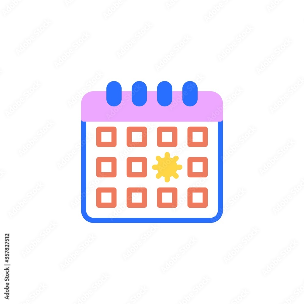 Sunny day calendar flat icon, summertime vector sign, calendar with sun colorful pictogram isolated on white. Symbol, logo illustration. Flat style design