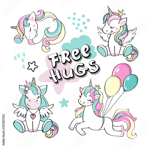 Collection of cute unicorns and the inscription free hugs on a white background for children