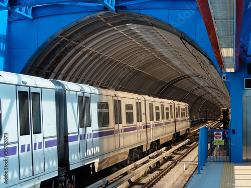 Tunnel in the subway of Sofia with the arriving train Rusich from the station Lomsko shose