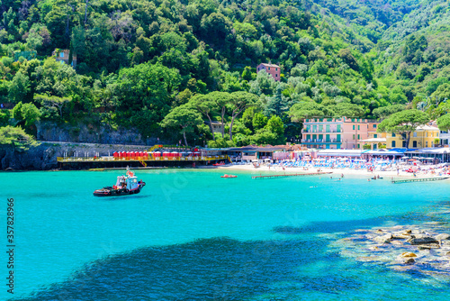 Bay of Paraggi in Santa Margherita Ligure with paradise white beach  close to Portofino. Mediterranean sea of Italy.