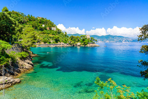 Bay of Paraggi in Santa Margherita Ligure with paradise white beach, close to Portofino. Mediterranean sea of Italy.