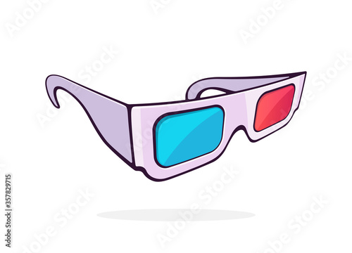 Paper 3d glasses isometric view. Stereo retro glasses for three-dimensional cinema. Symbol of the film industry. Cartoon vector illustration with outline. Clip art Isolated on white background