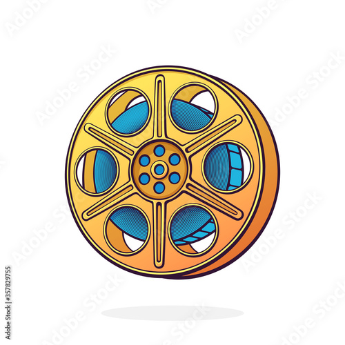 Film stock. Vintage camera reel. Movie industry. Old cinema strip. Retro storage of analog video information. Cartoon vector illustration with outline. Clip art Isolated on white background