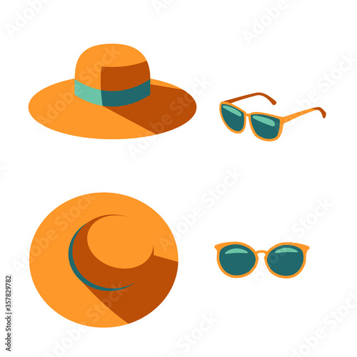 Yellow blue hat and sunglassesfrom different angles isolated on white background. Top and face views. Casual and beach clothes style for sun protect. Fashion accessories. Vector Illustration.