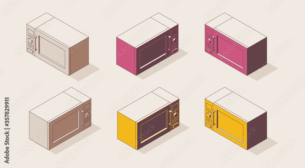 isometric 3d microwave oven in outline style. Different color variations, shadows