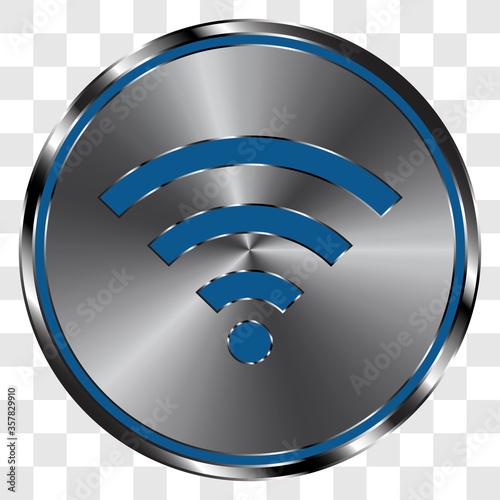 WiFi simple icon vector on metal round button. Transparent grid