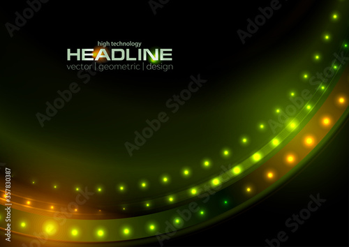 Green orange glitter shiny wave with sparkling lights abstract background. Vector design