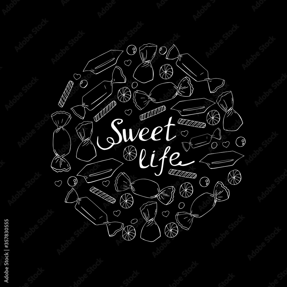 Circle made of doodle candy elements. Vector illustration. Calligraphy phrase sweet life.