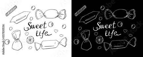 Candy doodle sketch set. Sweet life lettering. Vector illustration.