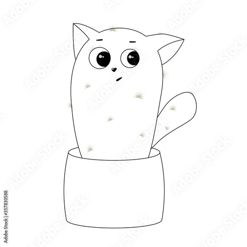 Cactus cat in a pot, cute and shy. On white background. In cartoon style for coloring. Doodle illustration.