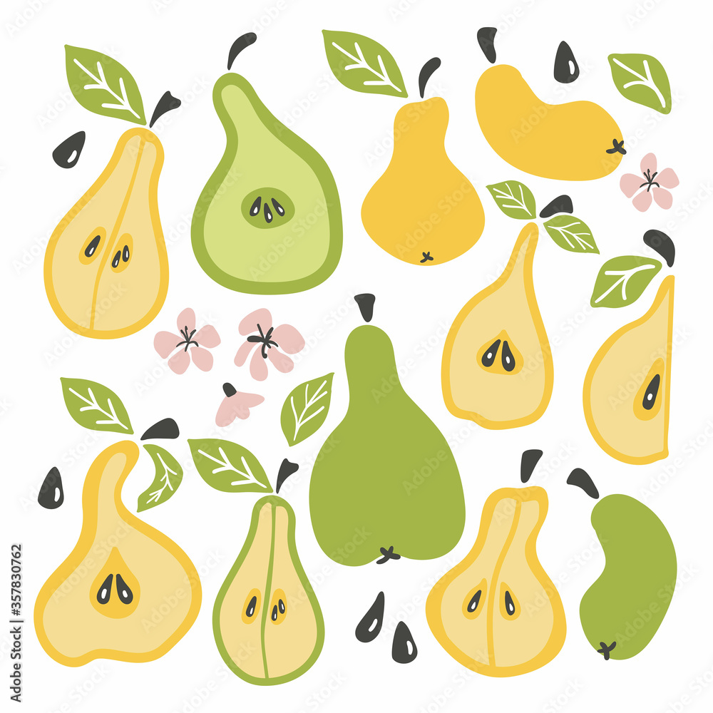 pear set. Fruit whole chopped half quarter cut slices pear leaves. cartoon doodle collection. Hand drawn vector illustration pear set. Fruit whole chopped half quarter cut slices pear leaves. cartoon doodle collection. Hand drawn vector illustration