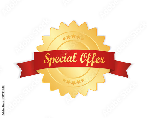 Special offer 3d gold badge with red ribbon sign, label isolated on white background.