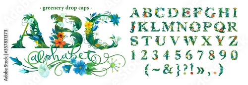 ABC. Floral alphabet  Botanical digital illustration. A complete set of isolated letters of leaves and flowers.