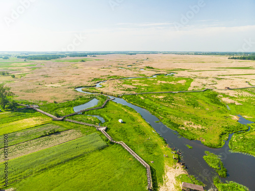 Obraz na płótnie Narew Podlasie Podlaskie Narwiański Park Narodowy Rzeka kładka trzcina łąka pole widok z drona w salonie