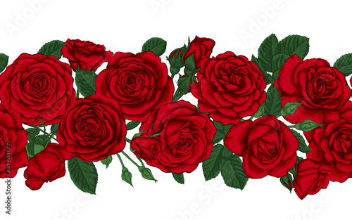 Vector horizontal seamless background with red roses, buds and leaves. design element for greeting card and invitation of the wedding, birthday, Valentine s Day, mother s day and other holiday