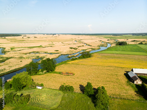 Narew Podlasie Podlaskie Narwiański Park Narodowy Rzeka woda trzcina łąka pole wieś widok z drona