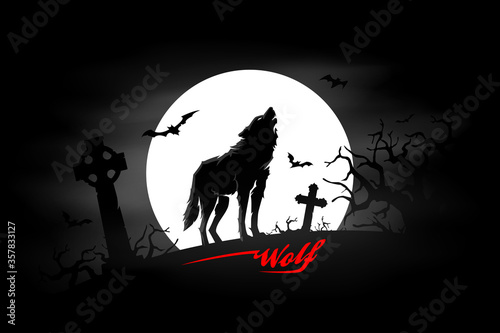 Black wolf in a haunted graveyard with full moon, tombstones and bats. Spooky dark halloween cemetery background. Vector illustration.