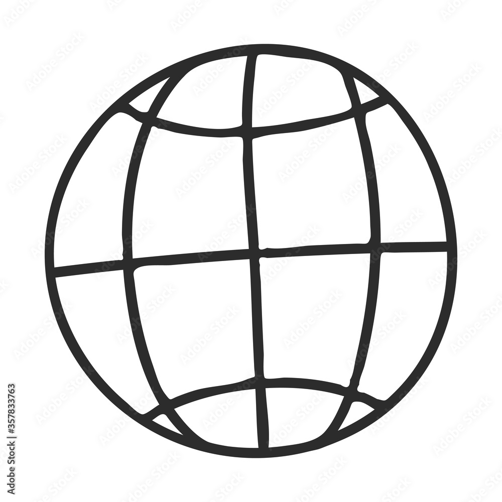 A Doodle-style globe. The globe with latitude and longitude. Symbol of the planet, the world. The icon is hand-drawn and isolated on a white background. Black and white vector illustration. A Doodle-style globe. The globe with latitude and longitude. Symbol of the planet, the world. The icon is hand-drawn and isolated on a white background. Black and white vector illustration.