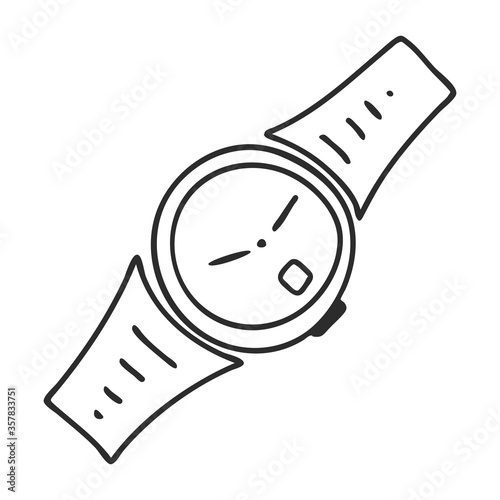 A Doodle-style wristwatch. A symbol of time, haste, and status. Hand drawn and isolated on a white background. Black and white vector illustration