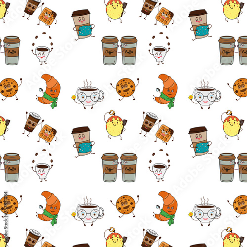Seamless pattern drinks funny characters coffee tea grains coffee waffle pancake croissant cartoon vector