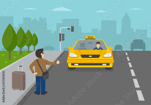 Young tourist man with luggage calling taxicab. Catching on the city street. Flat vector illustration.