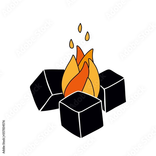 Coal in the form of cubes. Coconut charcoal for hookah. With fire.
