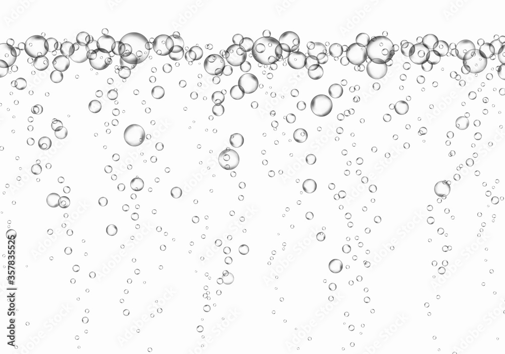 Bubbles underwater texture isolated on white background. Vector fizzy air, gas or oxygen under water. Realistic champagne drink, soda effect template