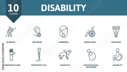 Disability icon set. Collection contain deafness, wheelchair, prosthetic arm, guide-dog and over icons. Disability elements set.