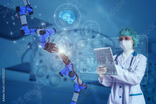Female doctor working on computer diagnostics and analysis. Innovative technology in science and medicine concept. Collage containing 3d illustration elements
