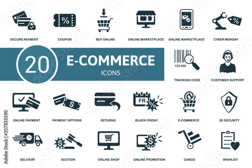 E-Commerce icon set. Collection contain wishlist, secure payment, online marketplace, market app and over icons. E-Commerce elements set.