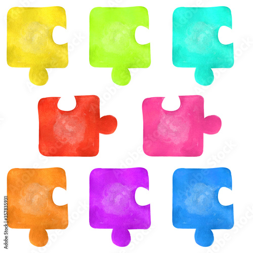 Set of colorful jigsaw puzzles isolated on white background. Symbol of autism awareness day. Watercolor hand drawn illustrations in cartoon realistic style. Concept og children games, education.