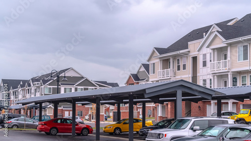 Panorama frame Undercover parking for cars at apartment complex