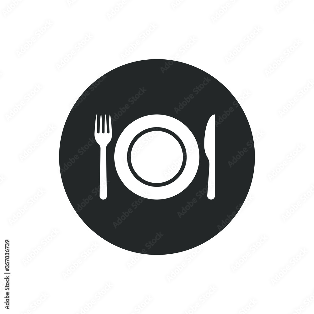 Fork knife and plate icon logo. Simple flat shape restaurant or cafe place sign. Kitchen and diner menu symbol. Vector illustration image. Black silhouette isolated on white background. Fork knife and plate icon logo. Simple flat shape restaurant or cafe place sign. Kitchen and diner menu symbol. Vector illustration image. Black silhouette isolated on white background.
