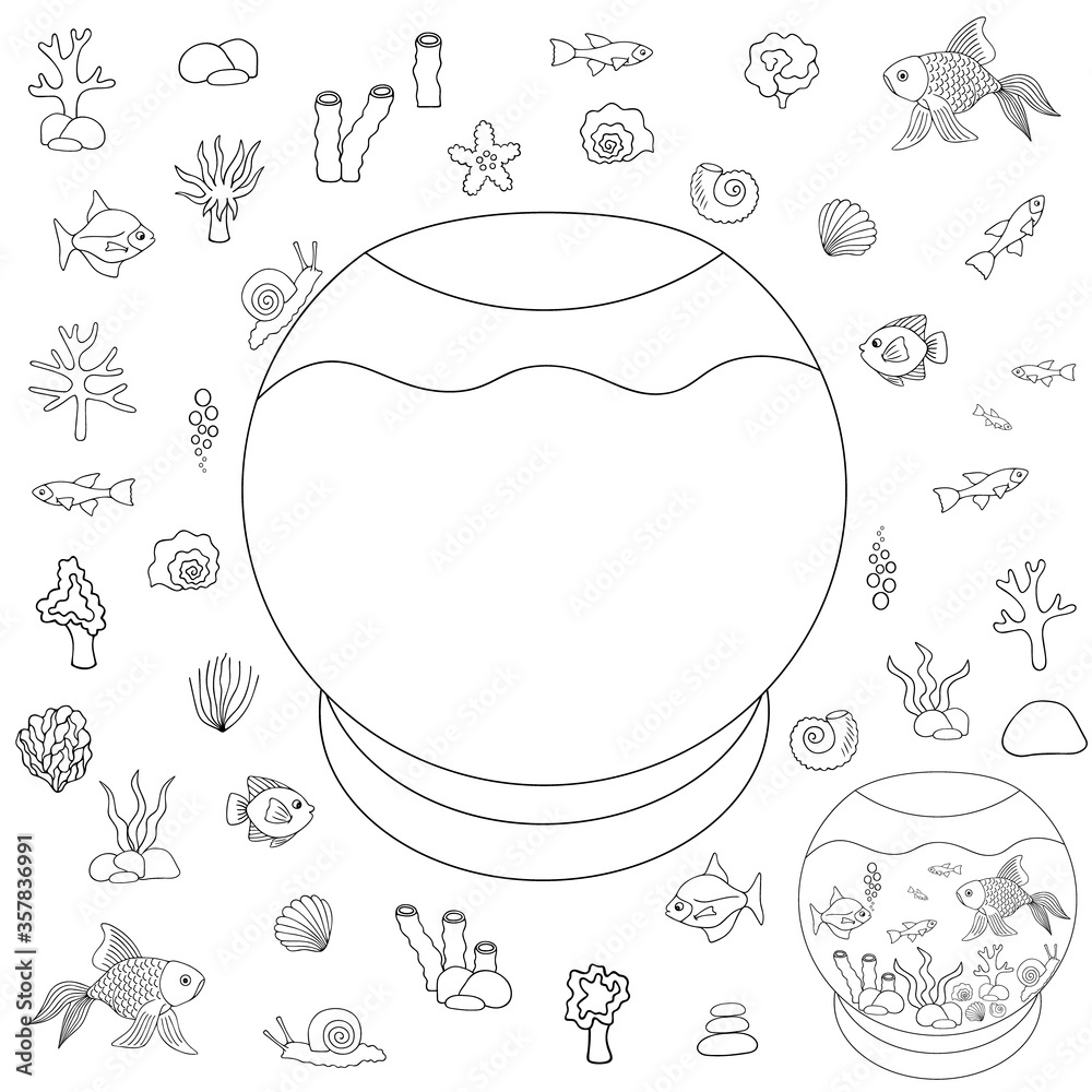 Aquarium. Designer. Vector set. They put their Pets in the house. Outline on an isolated white background. Educational game for a child. Sample. Sketch. Puzzle. Coloring book. Idea for web design.