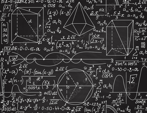 Math educational vector seamless pattern with handwritten algebra calculations, geometry figures and equations, 