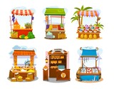 Market elements set, stalls of food sellers flat vector illustration. Local shops with organic production. Seafood and bakery, grain and spices, veggies and fruits