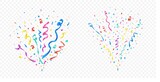 Confetti explosion set on transparent background vector illustration. Celebration of holiday or birthday. Festive ribbons multicolor crackers. Flying colored papers