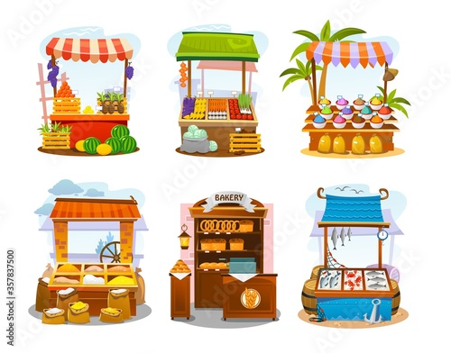Market elements set, stalls of food sellers flat vector illustration. Local shops with organic production. Seafood and bakery, grain and spices, veggies and fruits