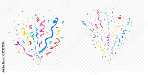 Confetti explosion set on transparent background vector illustration. Celebration of holiday or birthday. Festive ribbons multicolor crackers. Flying colored papers photo