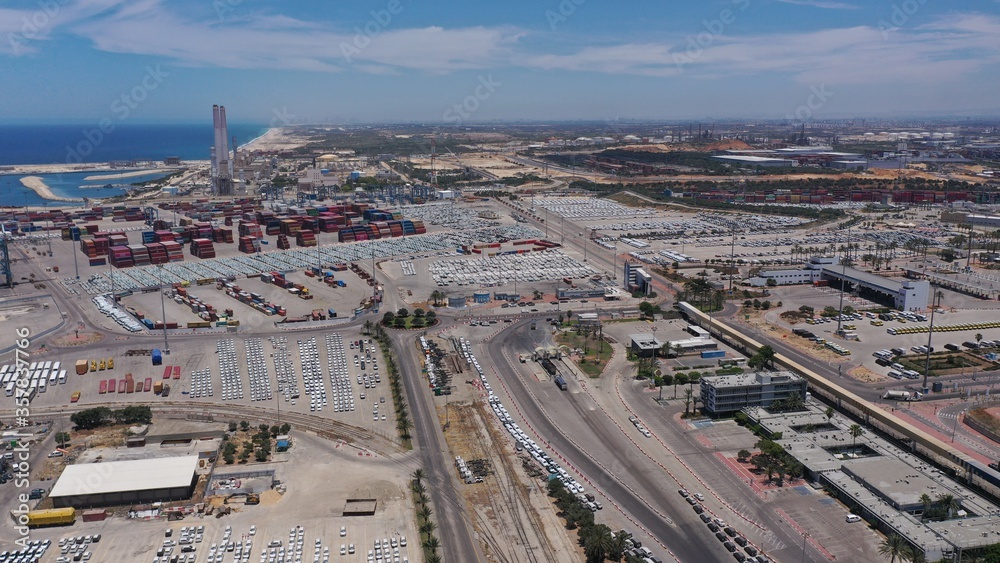 Fototapeta premium Aerial view over Ashdod Harbor Mediterranean Sea, Israel