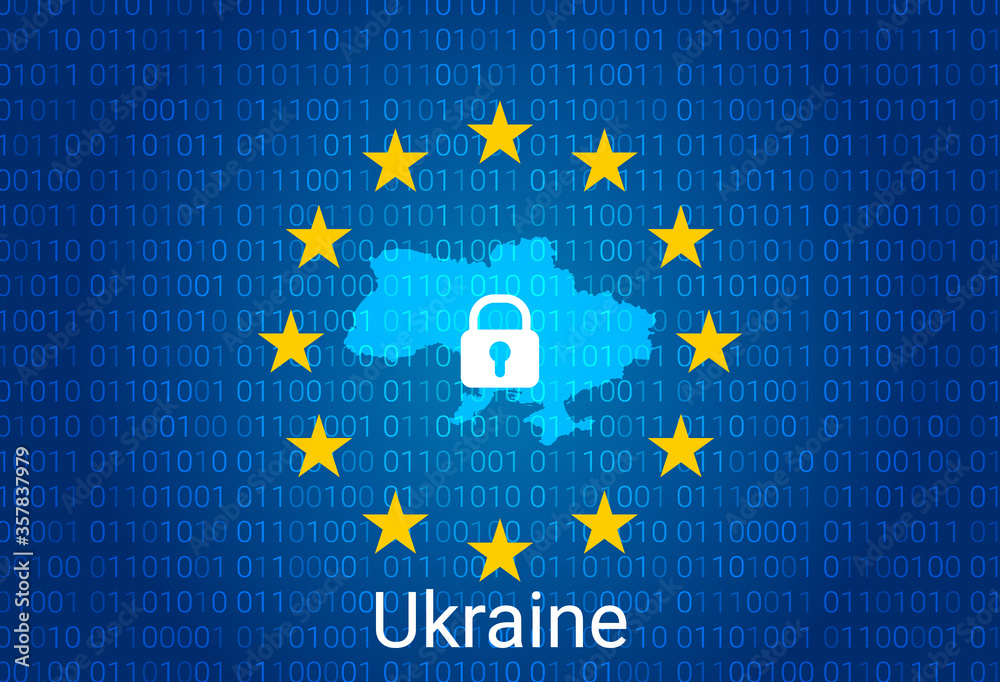 Map of Ukraine, with lock and binary code background. europe union internet blocking, virus attack, privacy protect. vector