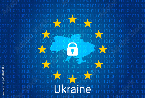 Obraz na płótnie Map of Ukraine, with lock and binary code background. europe union internet blocking, virus attack, privacy protect. vector w salonie